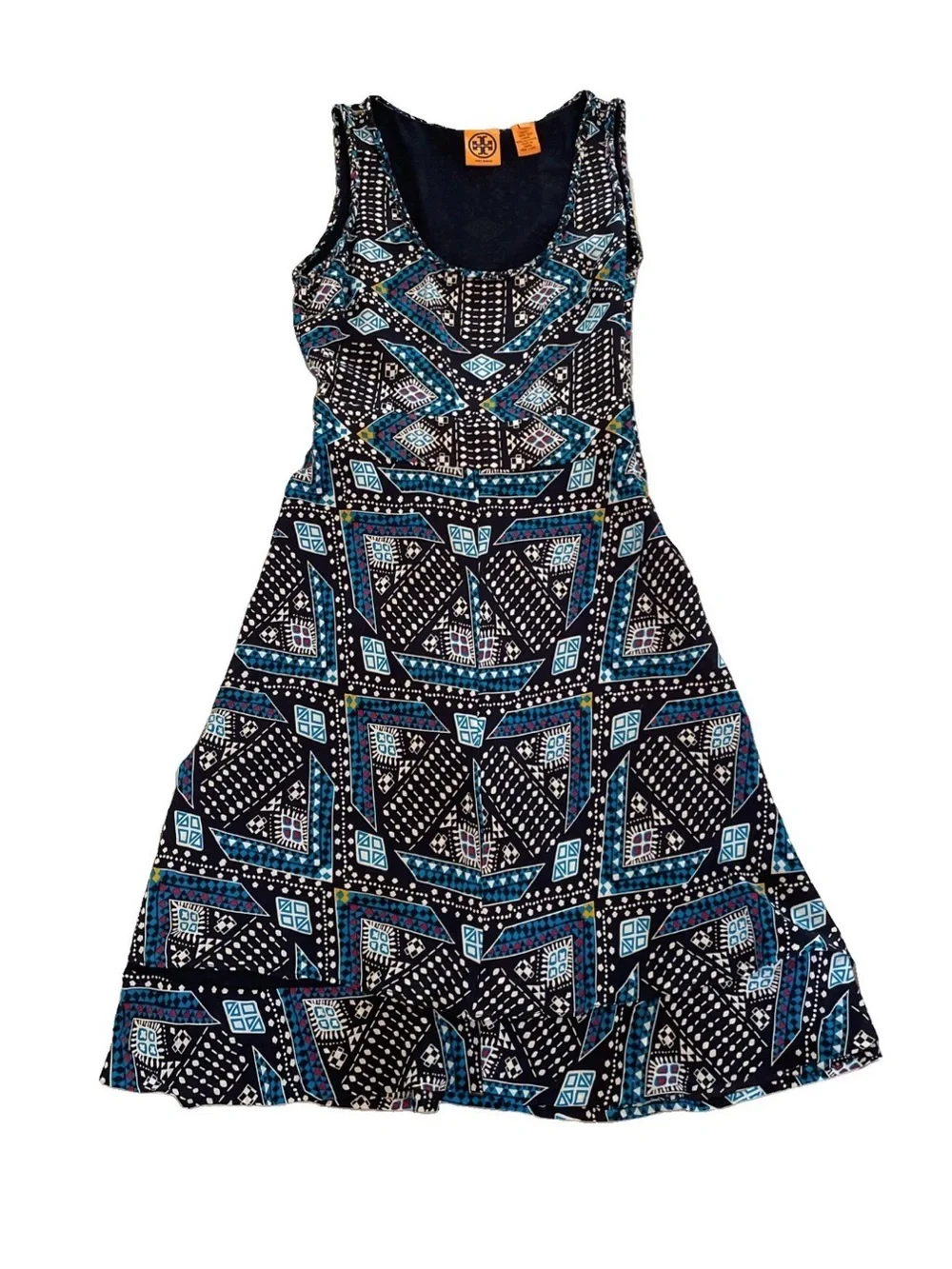 Tory Burch SZ 4 Camilla Dasha Geometric Print Silk Sleeveless Dress Ruffle Hem